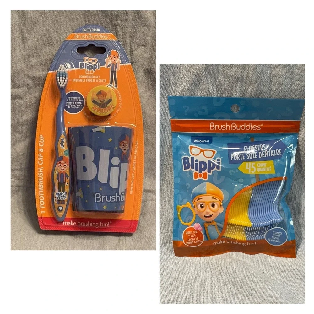 NEW Kid's Blippi Brush Buddies Soft Toothbrush, Cup,‎ Flossers, & Cap Set